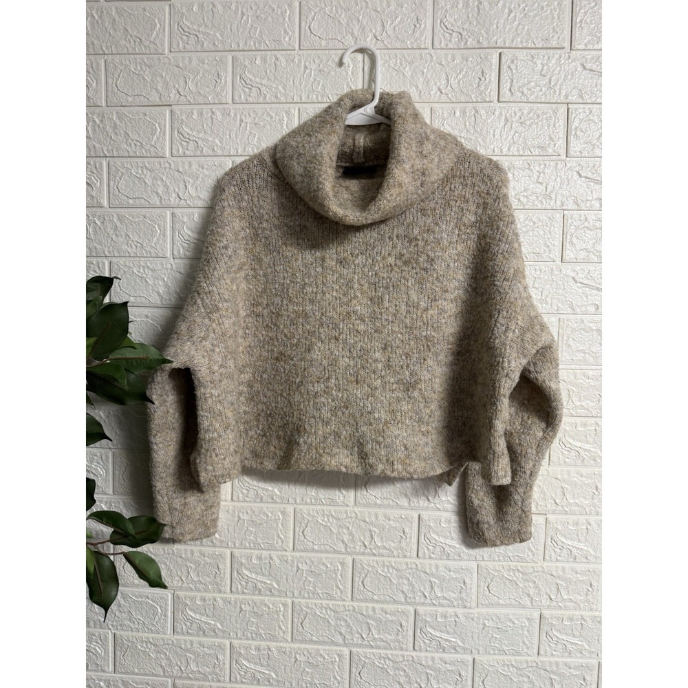 Vici Marbled Cowl Neck Cropped Wool Blend Sweater Pullover Tan Grey Womens M